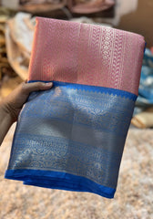 Amira - Pink & Silver Kanjivaram Silk Saree with Royal Blue Border