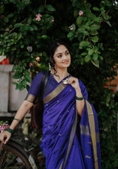 Royal Grace – Deep Blue Soft Silk Saree with Golden Zari Border