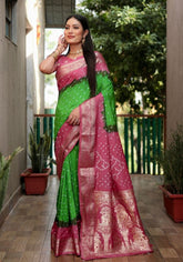 Ziyana Gajari Green Bandhej Silk Saree