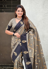 Ruvika – Banarasi Soft Silk Saree in Grey with Ornamental Border