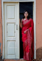 Nayira - Red Soft Silk Saree with Silver Zari Border and Matching Blouse