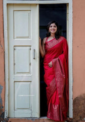 Nayira - Red Soft Silk Saree with Silver Zari Border and Matching Blouse