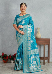 Janaki Teal Blue Banarasi Soft Silk saree