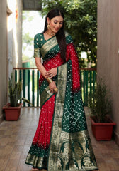 Ziyana Dark Green Red Bandhej Silk Saree