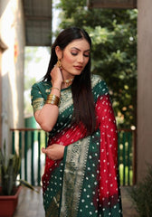 Ziyana Dark Green Red Bandhej Silk Saree