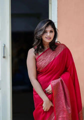 Nayira - Red Soft Silk Saree with Silver Zari Border and Matching Blouse