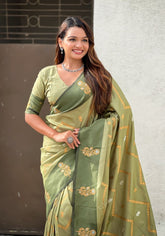 Ruvika – Banarasi Soft Silk Saree in Mehandi with Ornamental Border