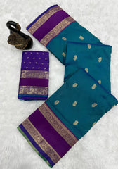 Symmetrical Rama Soft Banarasi Silk Saree With Captivating Blouse Piece