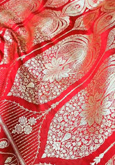 Ruhika – Scarlet Red Banarasi Satin Silk Saree with Traditional Zari Weaving