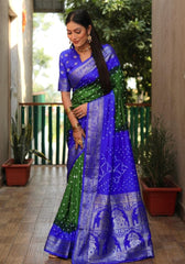 Ziyana Royal Blue Green Bandhej Silk Saree