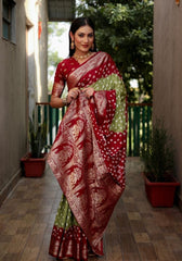Ziyana Red Mehandi Bandhej Silk Saree