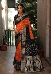 Ziyana Black Orange Bandhej Silk Saree