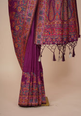 Glamorous Wine Pashmina Saree With Artistic Minakari Work