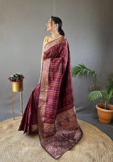 Elegantly Maroon Color Woven Silk Saree with Silver, Copper, and Antique Detailing