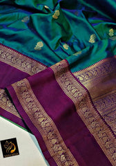 Symmetrical Rama Soft Banarasi Silk Saree With Captivating Blouse Piece