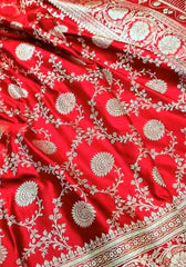 Ruhika – Scarlet Red Banarasi Satin Silk Saree with Traditional Zari Weaving