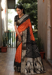 Ziyana Black Orange Bandhej Silk Saree