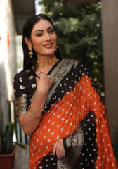 Ziyana Black Orange Bandhej Silk Saree