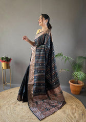 Elegantly Black Color Woven Silk Saree with Silver, Copper, and Antique Detailing