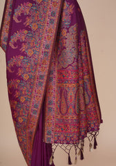 Glamorous Wine Pashmina Saree With Artistic Minakari Work
