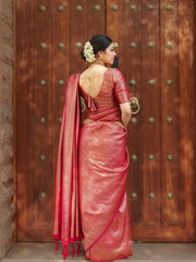 Maruti – Coral Red Woven Silk Saree with Zari Subtlety