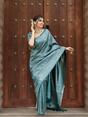 Maruti – Teal Blue Woven Silk Saree with Zari Subtlety