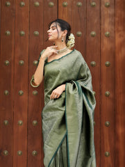 Maruti – Olive Green Woven Silk Saree with Zari Subtlety