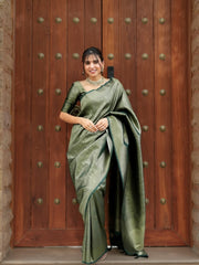 Maruti – Olive Green Woven Silk Saree with Zari Subtlety