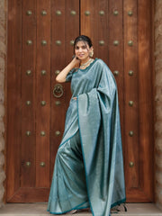 Maruti – Teal Blue Woven Silk Saree with Zari Subtlety