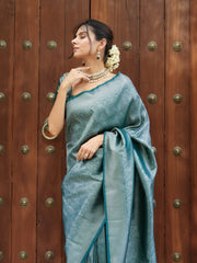 Maruti – Teal Blue Woven Silk Saree with Zari Subtlety