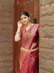 Maruti – Coral Red Woven Silk Saree with Zari Subtlety