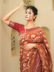 Anvitha – Rust Brown Banarasi Soft Silk Saree With Zari Weaving