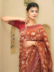 Anvitha – Rust Brown Banarasi Soft Silk Saree With Zari Weaving