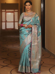 Mrinalini – Sky Blue Banarasi Silk Saree with Golden Paisley Weaving