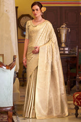 Imbrication Beige Banarasi Satin Silk Saree With Smashing Blouse