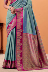 Ratatouille Grey Banarasi Satin Silk Saree With Forbearance Blouse