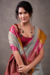 Effulgent Grey Cotton Silk Saree With Lustrous Blouse Piece