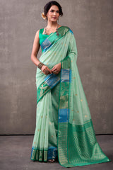 Effulgent Turquoise Cotton Silk Saree With Lustrous Blouse Piece