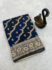 Deserving Navy Blue Soft Banarasi Silk Saree With Classic Blouse Piece