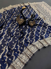 Deserving Navy Blue Soft Banarasi Silk Saree With Classic Blouse Piece