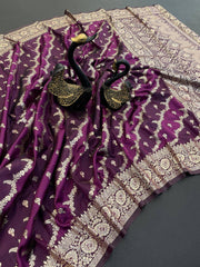 Deserving Wine Soft Banarasi Silk Saree With Classic Blouse Piece