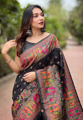 Lovely Black Nylon Dola Pashmina Saree With Precious Blouse Piece