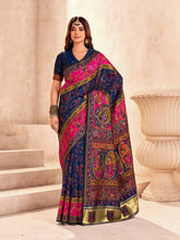 Radiant Navy Blue Nylon Dola Pashmina Saree With Luminous Blouse Piece