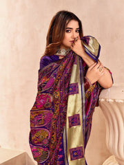 Radiant Navy Blue Nylon Dola Pashmina Saree With Luminous Blouse Piece