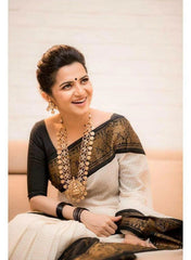 Richa White Banarasi Silk Saree with Black Zari Pallu
