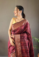 Elegantly Maroon Color Woven Silk Saree with Silver, Copper, and Antique Detailing