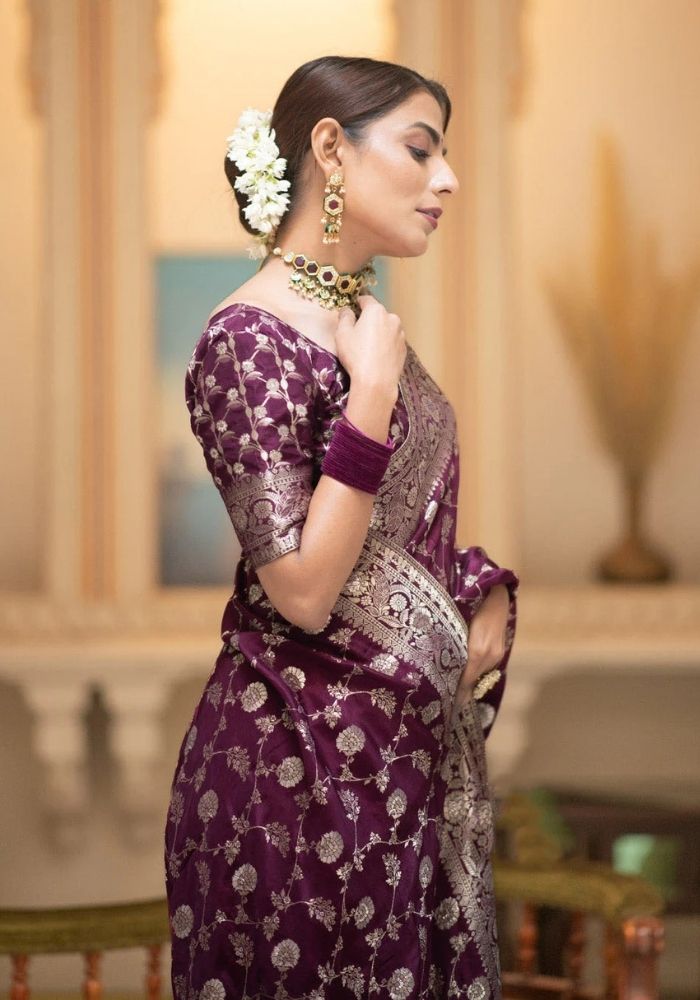 Pihu Wine Banarasi Silk Saree
