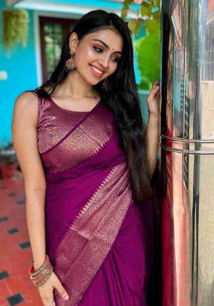 Nayira - Wine Soft Silk Saree with Silver Zari Border and Matching Blouse