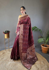 Elegantly Maroon Color Woven Silk Saree with Silver, Copper, and Antique Detailing