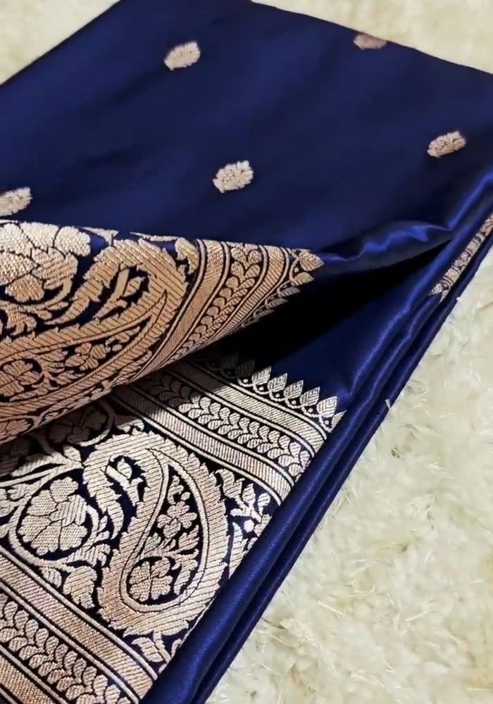 Aastha – Navy Blue Banarasi Satin Silk Saree with Antique Paisley Zari Work